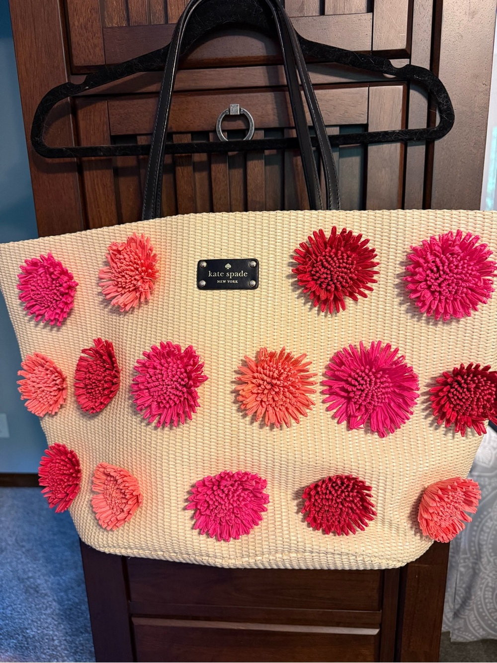 kate spade Cream Straw Tote with Pink & Coral Pom Flowers